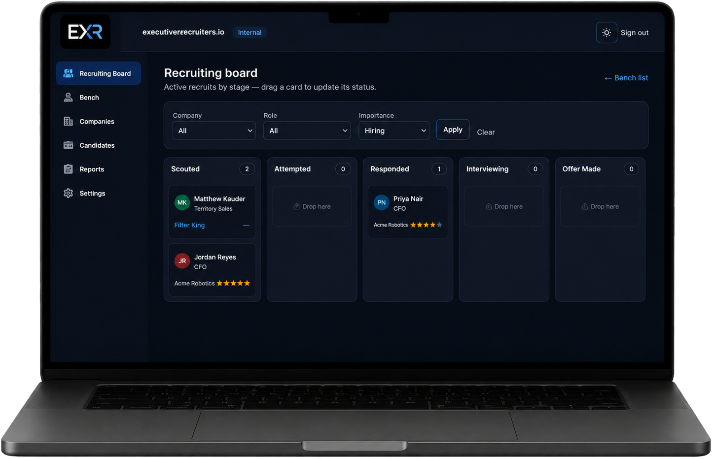 Executive Recruiters dashboard — a live recruiting board showing candidates by stage
